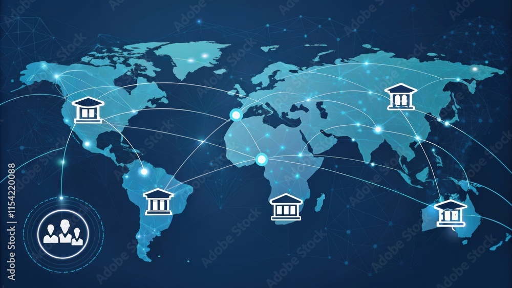 Poster glowing lines and university icons overlaying a world map illustrate a global learning network conne