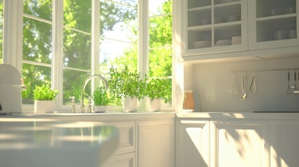 Fototapeta premium Bright and Airy Modern Kitchen with Fresh Green Plants and Natural Light