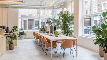 Obraz premium Modern Office Workspace with Green Plants and Natural Lighting