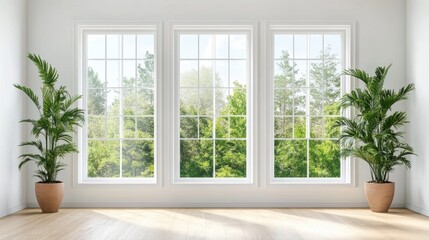 Bright and Airy Interior with Large Windows and Green Plants
