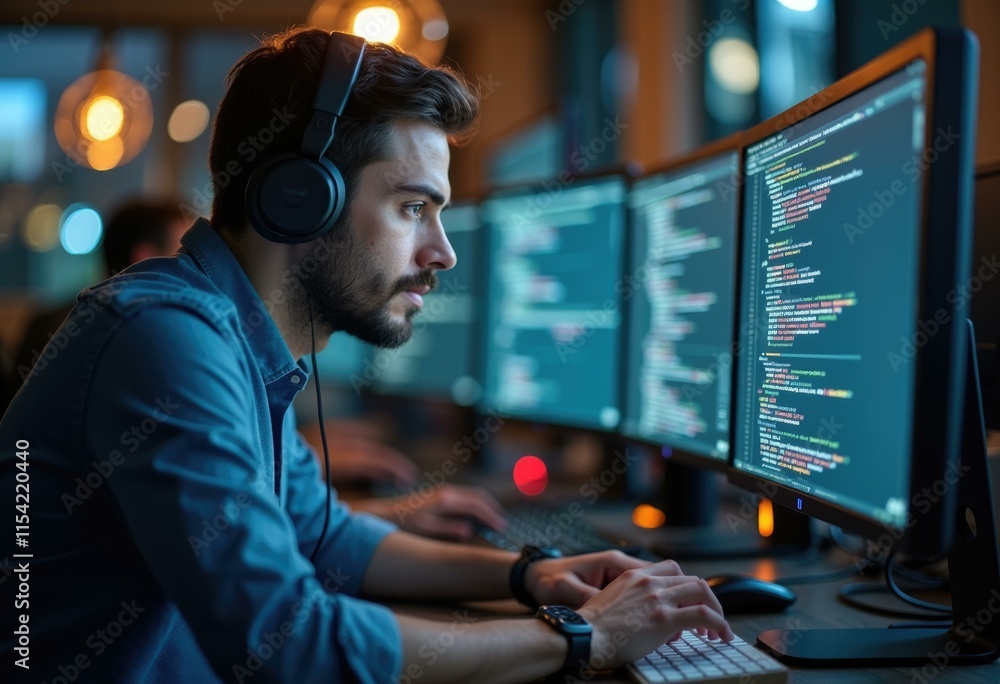 Poster A programmer focused on code  working late with headphones on