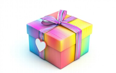 Obraz premium A vibrant ribbon-wrapped gift box with a heart tag, perfect for valentines day, isolated on a bright white background