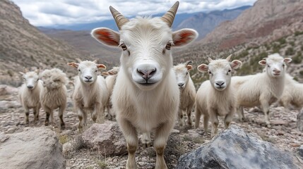 White Goats Pose For Photo Mountain Background