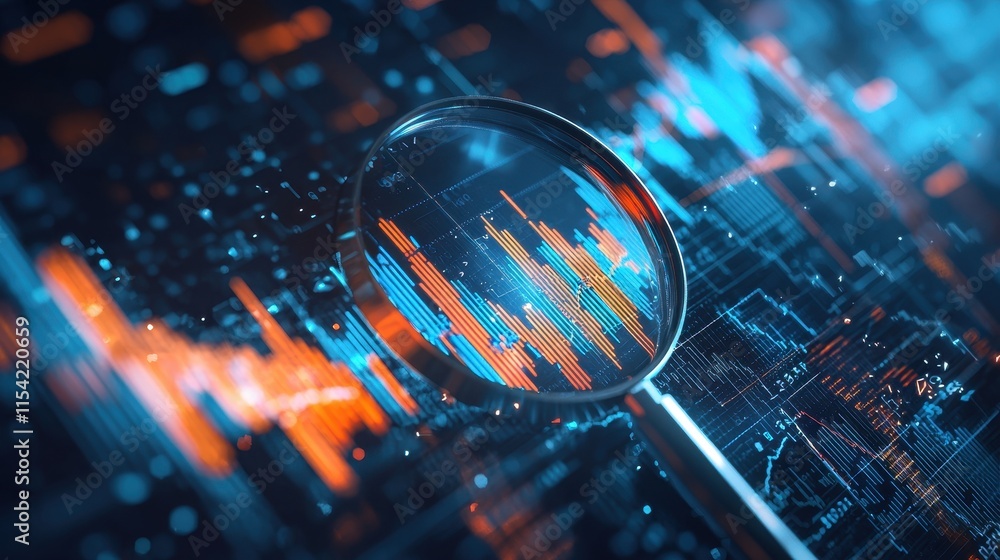 Poster analyzing financial data trends with a magnifying glass in a digital environment