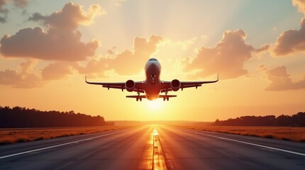Commercial Airplane Taking Off at Sunrise on a Scenic Runway