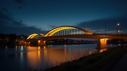 Fototapeta premium Illuminated Bridge at Night Reflecting Over Still River Waters in Scenic Setting