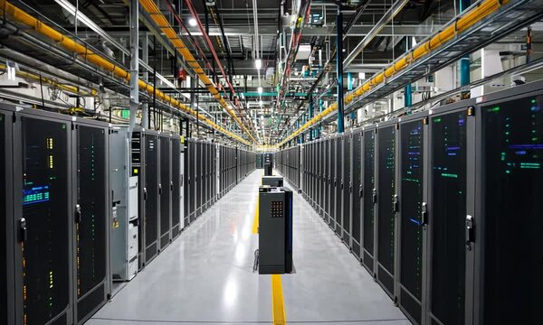 Inside a Modern Data Center: Rows of Servers and Network Infrastructure