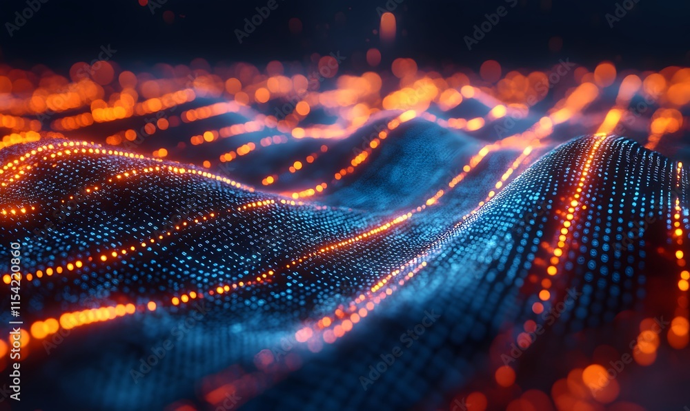 Poster an illustration of a digital wave composed of binary code or data streams