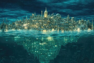 Fototapeta premium Submerged City Illuminates Deep Ocean Depths At Night