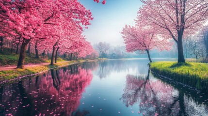 Serene Cherry Blossom Reflection in Peaceful Lake Landscape