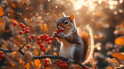 Squirrel Eating Red Berries in Autumn Sunlight