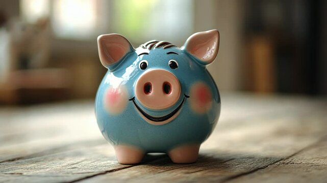 Cute blue piggy bank with a smiling face sits on a rustic wooden table in a bright room