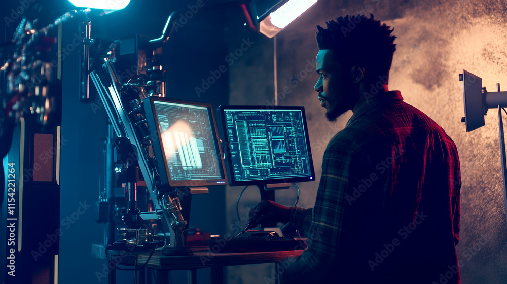 Aufkleber tech expert analyzes data on dual monitors in a modern office during late evening hours
