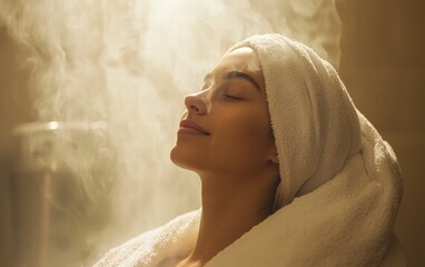Fototapeta premium A young woman relaxing in a sauna, wrapped in a white towel, with soft steam surrounding her serene face