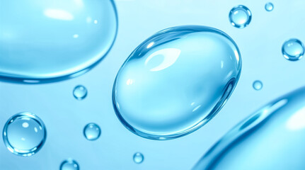 Abstract Transparent Water Drops or Bubbles on Light Blue Background. Purity, Freshness, and Nature Concept.