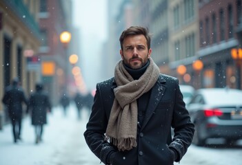 Naklejka premium A man in a black coat and scarf walks through a snowy city street.