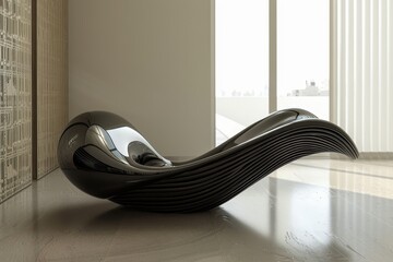 a modern wooden chair with white leather