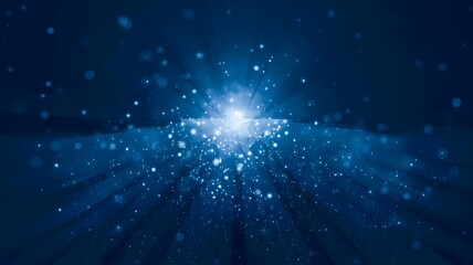 Mystical dark blue background with glowing light particles forming radiant lines, creating an enchanting scene with depth, magic, and a captivating sense of wonder