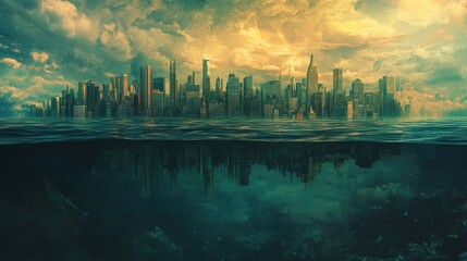 Fototapeta premium Submerged Cityscape Skyline Reflected Underwater