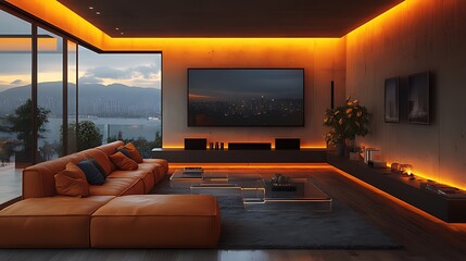 Modern living room with orange LED lights, large screen TV, leather sofa, and city view.