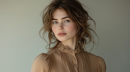 Woman glancing back in a Mocha Mousse blouse with carefree hair and subtle expressions
