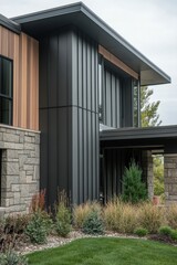 A modern home with vertical black metal paneling on the exterior walls, complemented by stone accents and wooden trim for an organic look. The house has multiple stories, featuring large windows.