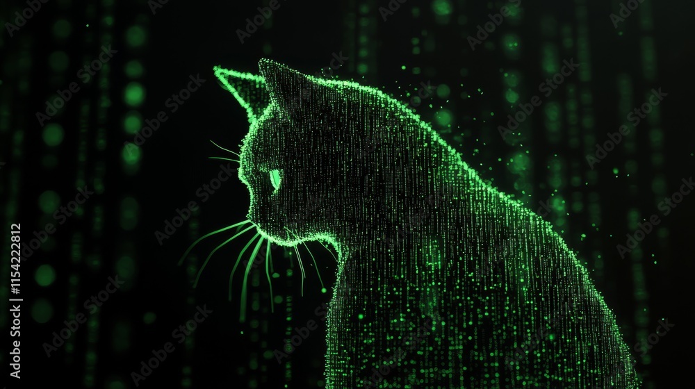 Poster a profile shot of a cat formed from neon green digital lines in a matrix-like environment. the glowi