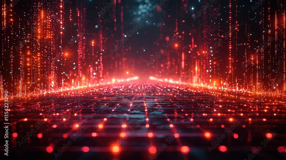 Poster dynamic red light patterns illuminating a futuristic pathway digital landscape visual art abstract e