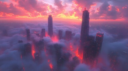 Obraz premium Cityscape Sunset Clouds Skyscrapers Fog Lights