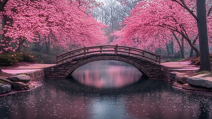 Stone Bridge Arching Over Serene Pond Amidst Pink Blossoms