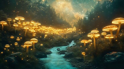 A surreal forest of glowing mushrooms with a vibrant turquoise river flowing under a sparkling galaxy-lit sky