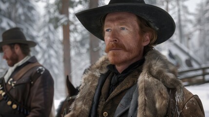 Obraz premium Man in fur coat and hat in snowy landscape.