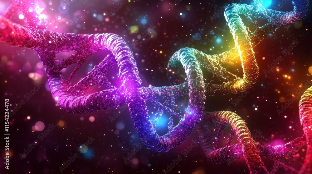 Poster colorful representation of dna strands in a dynamic, abstract style.