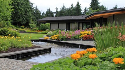 Obraz premium Serene Garden Landscape with Colorful Flowers and Tranquil Water