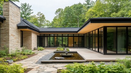 Modern Architectural Design of a Stylish Outdoor Space with Fountain