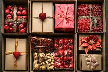 Variety of christmas gifts and decorations filling compartments of cardboard box, creating festive...