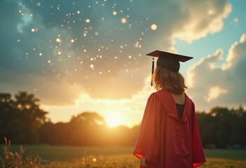 A graduate in a red gown looks towards a bright sunset with bokeh effects.