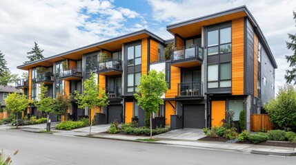 Modern Residential Buildings with Orange Accents and Green Trees