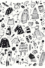 Black and white clothing doodles, textile design, seamless pattern, fashion sketch background, apparel print.