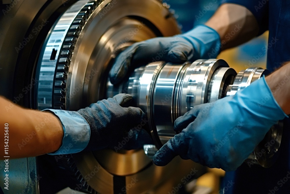 Poster two factory workers wearing protective gloves meticulously assembling a precision-engineered compone