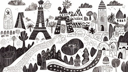 Black and white whimsical world travel illustration, diverse landmarks, winding road, children's book design.