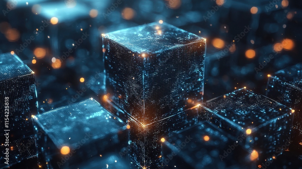 Poster dynamic digital cubes virtual environment 3d animation technology abstract viewpoint futuristic conc