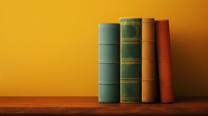 Naklejka premium Four antique books on a wooden shelf against a yellow wall.