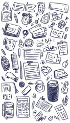 Busy Office Desk Doodle Background Illustration.