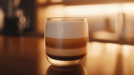 Delicious Layered Coffee Drink in Modern Glass on Wooden Table