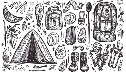 Camping Gear Sketch Tent, Backpack, Boots, Nature Elements, Hiking,  Adventure, Travel Blog Illustration.