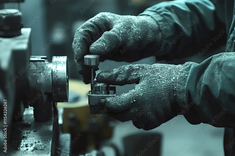 Poster gloved hands of a skilled metalworker assembling a mechanical part in a bustling factory, highlighti