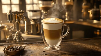 Warm Coffee in Clear Mug with Latte Art on Rustic Wooden Table