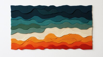 Obraz premium A wavy textile art piece featuring layered colors ranging from turquoise to orange, creating a visually appealing abstract design.