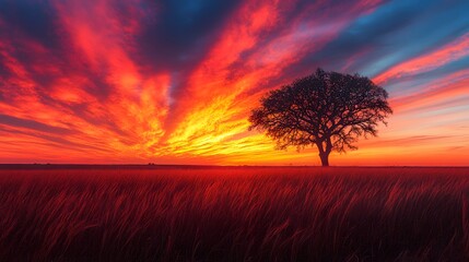Fiery Sunset Sky Over Field